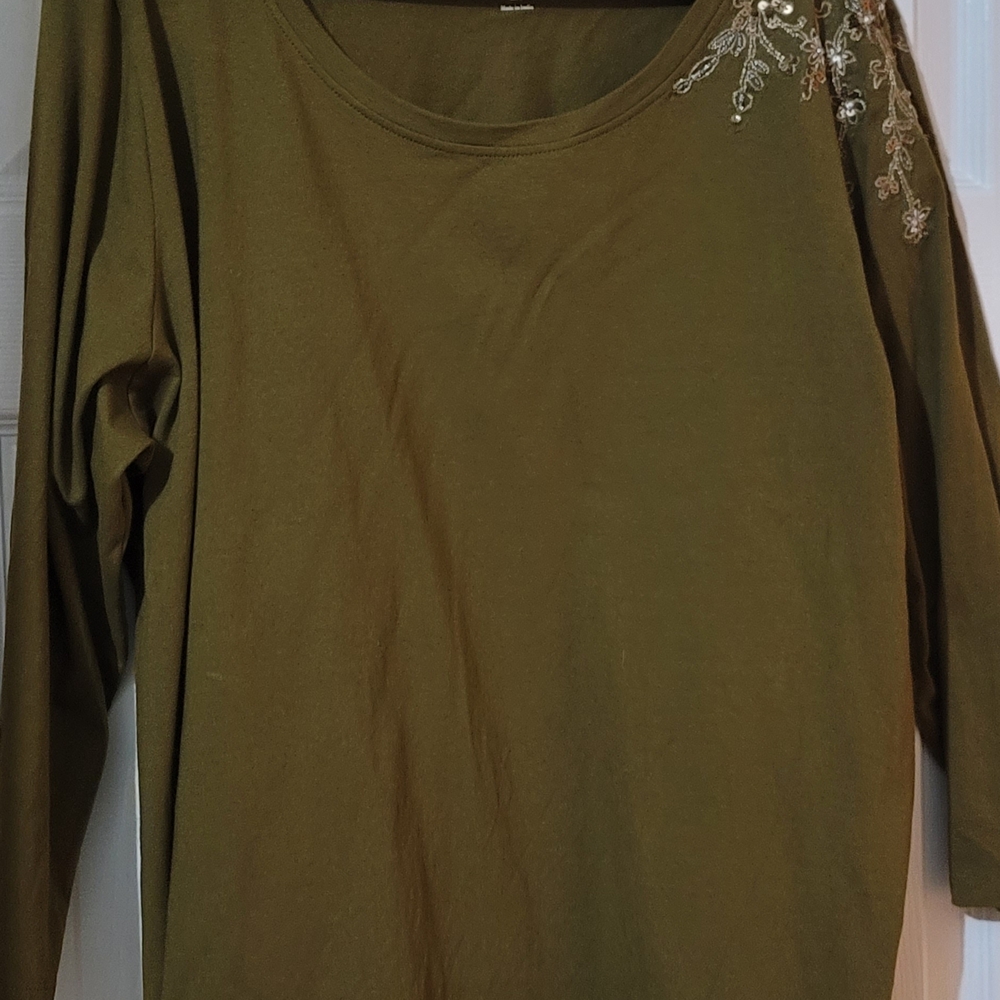 Attitudes by Renee Olive Long Sleeve Top with Embroidery